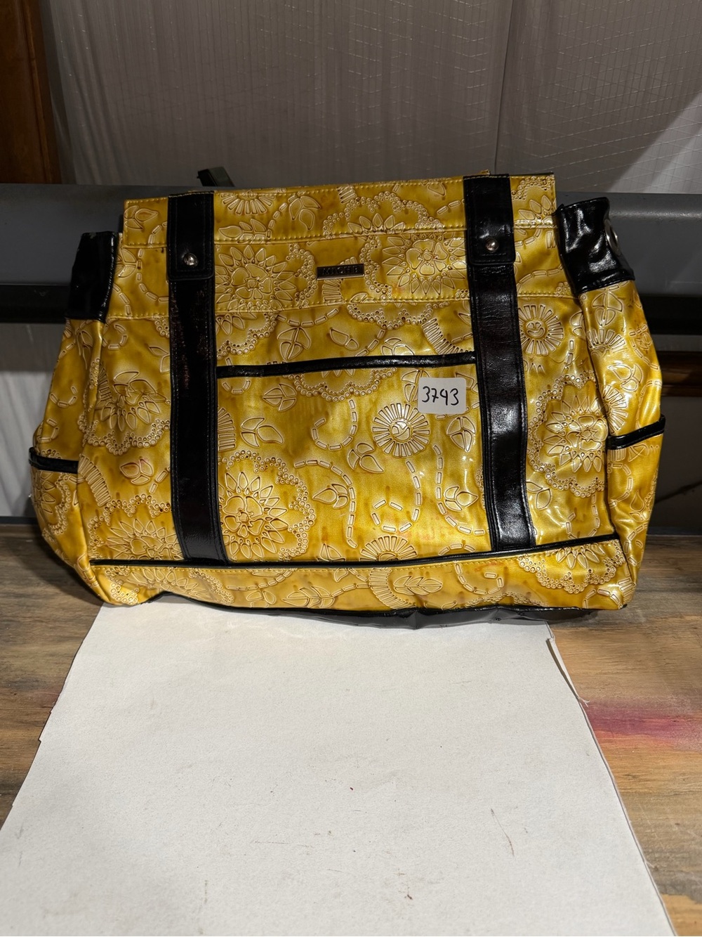 #3743-MICHI Yellow Floral Embossed Tote with Black Trim